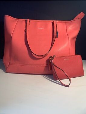 Coach Coral Saffiano Leather Zip Tote + Wristlet